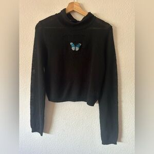 Pretty Damage Knit Black Sweater with Butterfly patch- Size L NWT